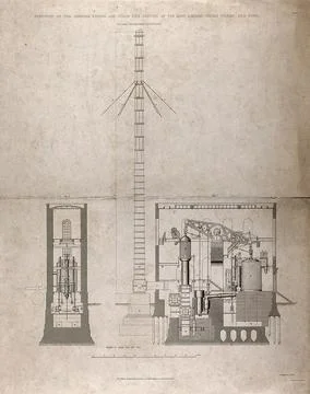Engineering: a Cornish steam engine used for pumping water in London. Illustrazione stock
