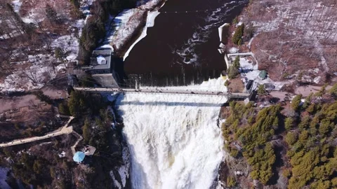 Engineering dam structure with waterfall and bridge Stock Footage 333216440