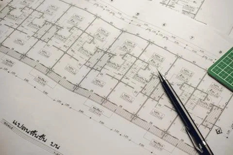 Engineering diagram blueprint paper drafting project sketch architectural,s.. Stock Photos