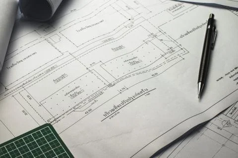 Engineering diagram blueprint paper drafting project sketch architectural,s.. Stock Photos