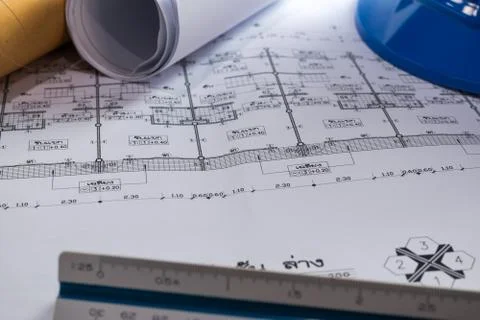 Engineering diagram blueprint paper drafting project sketch architectural,s.. Stock Photos