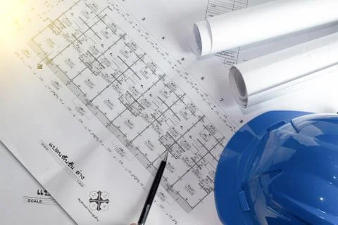 Engineering diagram blueprint paper drafting project sketch architectural,s.. Stock Photos
