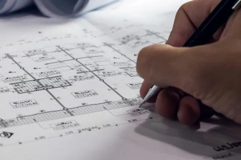 Engineering diagram blueprint paper drafting project sketch architectural,s.. Stock Photos