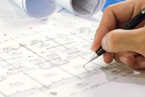 Engineering diagram blueprint paper drafting project sketch architectural,s.. Stock Photos