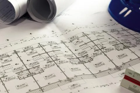 Engineering diagram blueprint paper drafting project sketch architectural,s.. Stock Photos