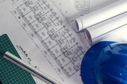 Engineering diagram blueprint paper drafting project sketch architectural,s.. Stock Photos