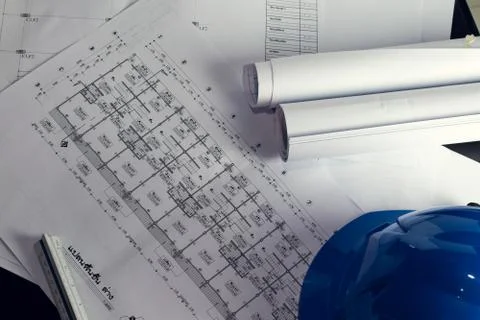 Engineering diagram blueprint paper drafting project sketch architectural,s.. Stock Photos