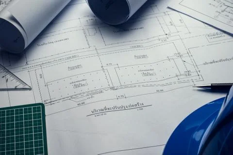 Engineering diagram blueprint paper drafting project sketch architectural,s.. Stock Photos