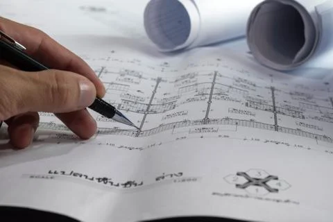 Engineering diagram blueprint paper drafting project sketch architectural,s.. Stock Photos