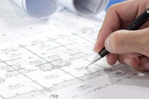 Engineering diagram blueprint paper drafting project sketch architectural,s.. Stock Photos