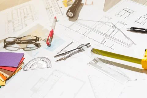 Engineering diagram blueprint paper drafting project sketch architectural. in Stock Photos