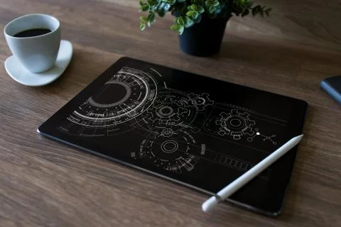 Engineering diagram on device screen. Technology and automation concept. Stock-Fotos