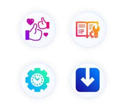 Engineering documentation, Time management and Like icons set. Load document Stock Illustration