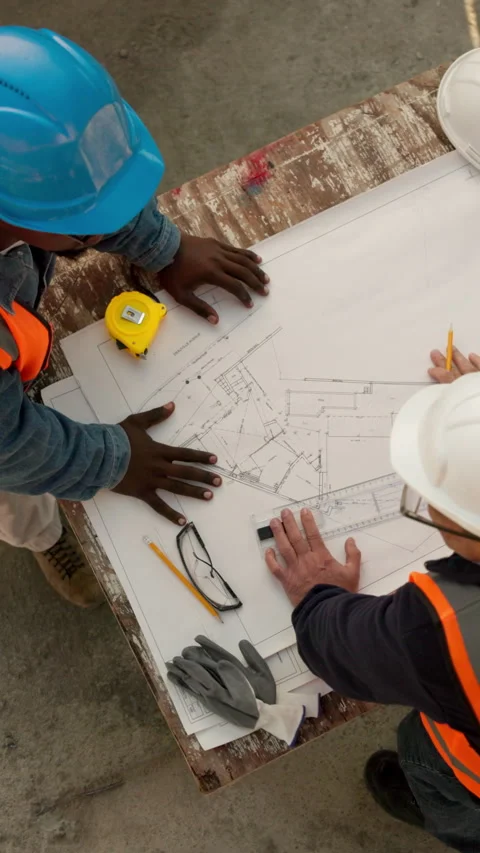 Engineering, drawing and people with blueprint on table for architecture Stock Footage 340905330