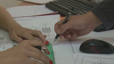 Engineering drawing. Discussion of the project. Stock Footage 42379346