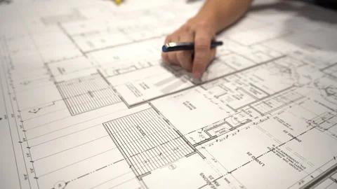 Engineering drawing- Group collaboration on house blueprint, home layout Stock Footage 227480721