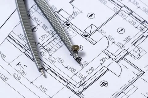 Engineering drawings with pair of compass Stock Photos