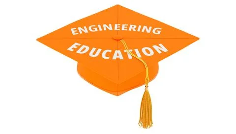 Engineering Education concept. Orange academic mortarboard, graduation cap... Stock Illustration