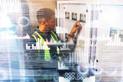 Engineering, electrician and man with data hologram in a control room for Stock Photos