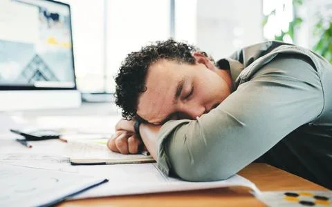 Engineering, fatigue and sleeping with architect at desk in office for project Stock Photos