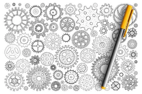 Engineering gears and wheels doodle set Stock Illustration