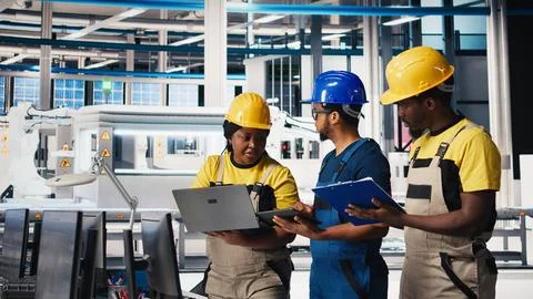 Engineering group in solar panel factory adjusting machinery settings 스톡 사진