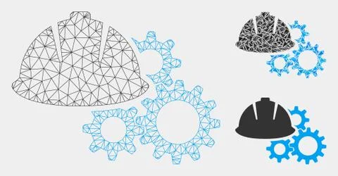 Engineering Helmet and Gears Vector Mesh Wire Frame Model and Triangle Mosaic Stock Illustration
