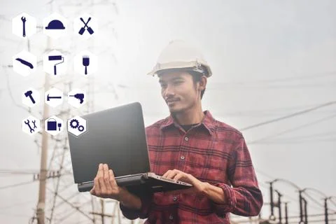 Engineering holding computer notebook laptop graphic tool application buildin 스톡 사진