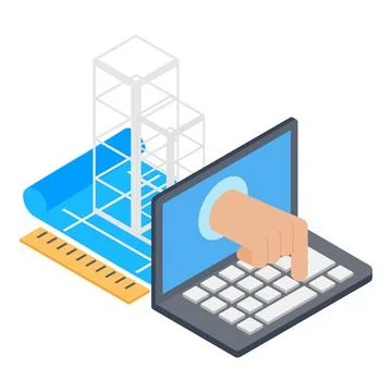 Engineering icon isometric vector. Laptop tech documentation building project Ilustración de archivo