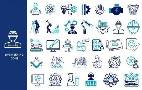 Engineering Icon Set. Engineer, tools, engine, worker, construction. Stock Illustration