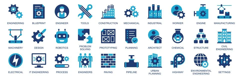 Engineering icon set in flat duotone solid icons web design. Pack pictograms  Stock Illustration