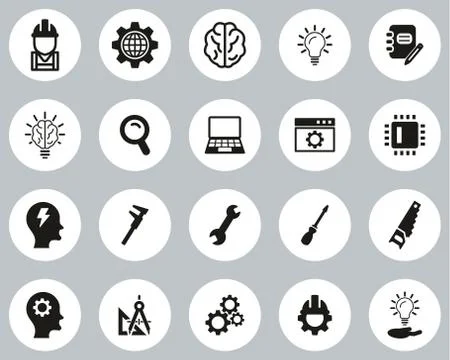Engineering Icons Black &amp; White Flat Design Circle Set Big Illustrazione stock