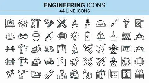Engineering icons set for industrial design and technology applications. Illustrazione stock