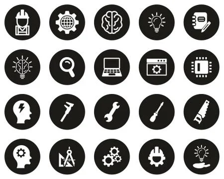 Engineering Icons White On Black Flat Design Circle Set Big Illustrazione stock