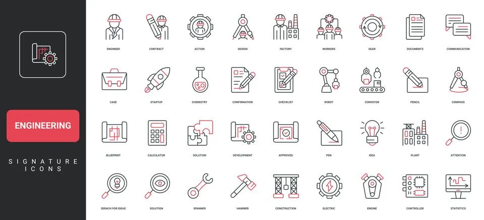 Engineering in industry, construction, process and solutions of engineer line Stock Illustration