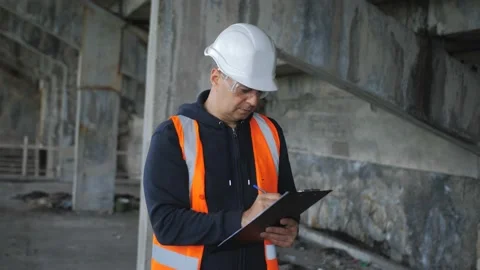 An engineering inspector inspects a building in a critical state of disrepair Stock Footage 131196411