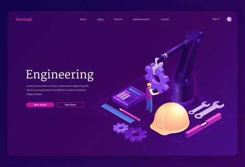 Engineering isometric landing, robotics factory 스톡 일러스트