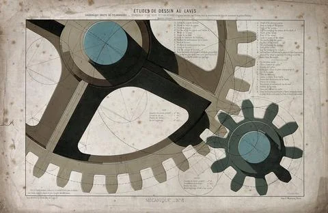 Engineering: large cogs meshing together, and diagrams of epicycloid curves.. Stock Illustration