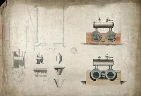 Engineering: a large double-chamber steam engine. Coloured drawing. Illustrazione stock