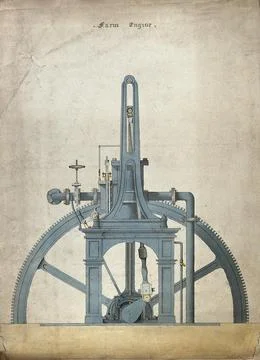 Engineering: a large double-chamber steam engine, with a flywheel. Coloured.. Illustrazione stock