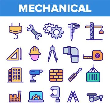 Engineering Line Icon Set . Technician Design. Machinery Engineering Icons Stock Illustration