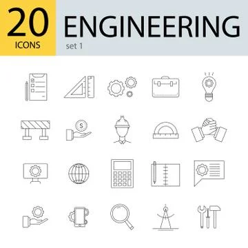 Engineering line icons, 20 different icons. Concept of building, repairing, e Illustrazione stock