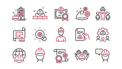 Engineering line icons set. Teamwork, Technical documentation and People Stock Illustration