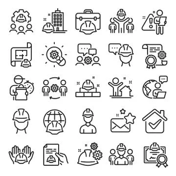 Engineering line icons. Teamwork, People and Technical documentation. Blueprint Stock Illustration