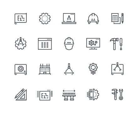 Engineering line icons. Work project, mechanical and electrical engineering Stock Illustration