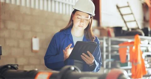 Engineering, machine or woman on tablet at water plant for pressure data Stock Photos