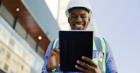 Engineering, man and tablet at construction site inspection, building Stockfoto's
