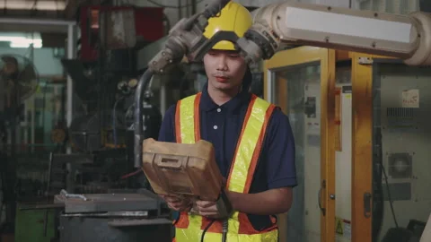 Engineering man check and control welding robotics automatic arms machine for Stock Footage 150779259