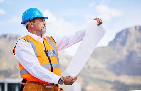 Engineering man, floor plan and outdoor construction, planning and project Stock Photos