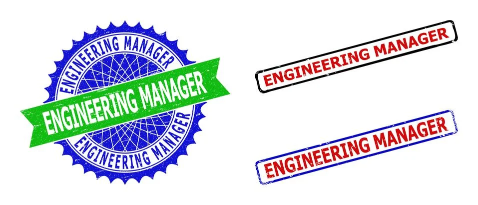 ENGINEERING MANAGER Rosette and Rectangle Bicolor Badges with Grunge Surfaces Stock Illustration